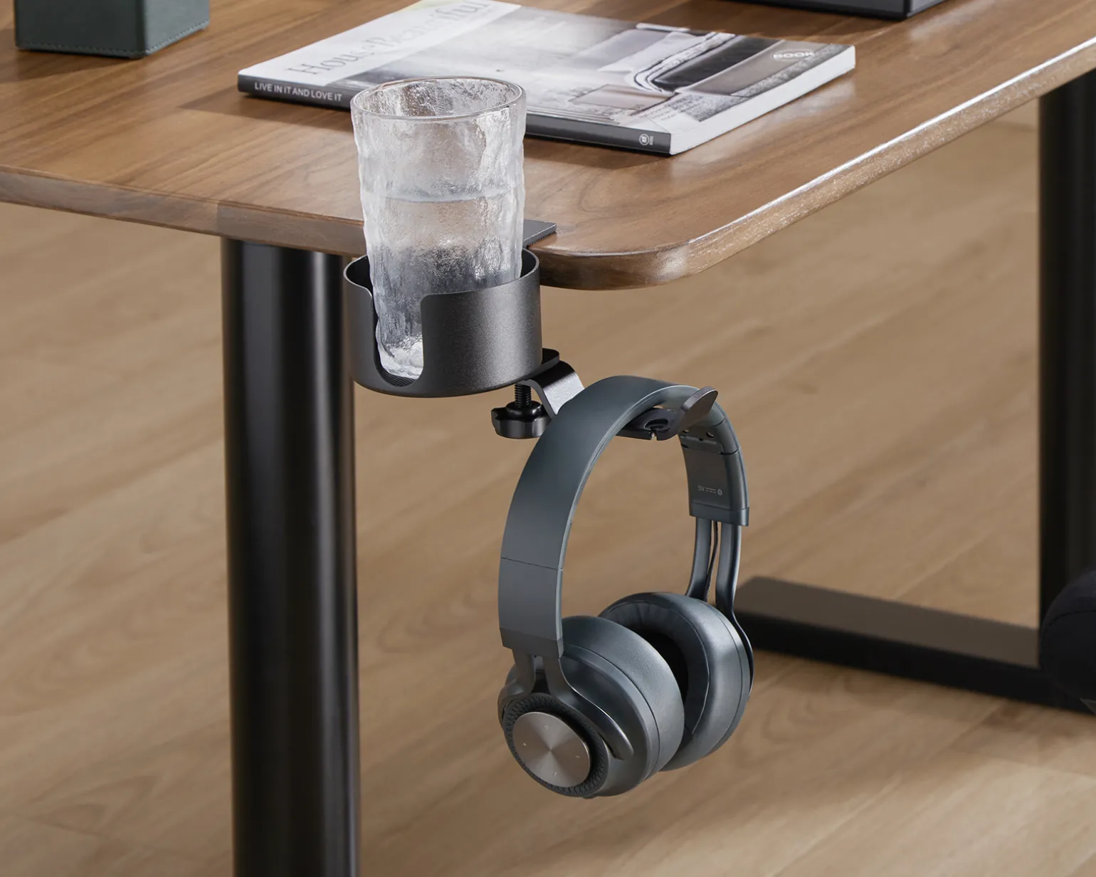 Clamp-On Headphone Holder with Cup Holder - Black
