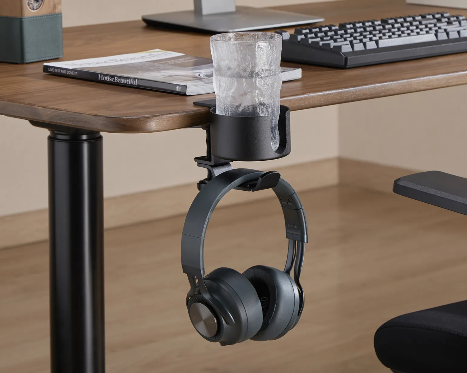 Clamp-On Headphone Holder with Cup Holder - Black