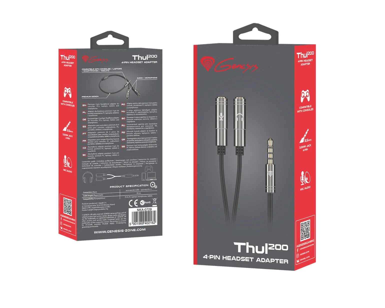 Headset & Sound Adapter 4-pin 3.5mm to 2x3.5mm
