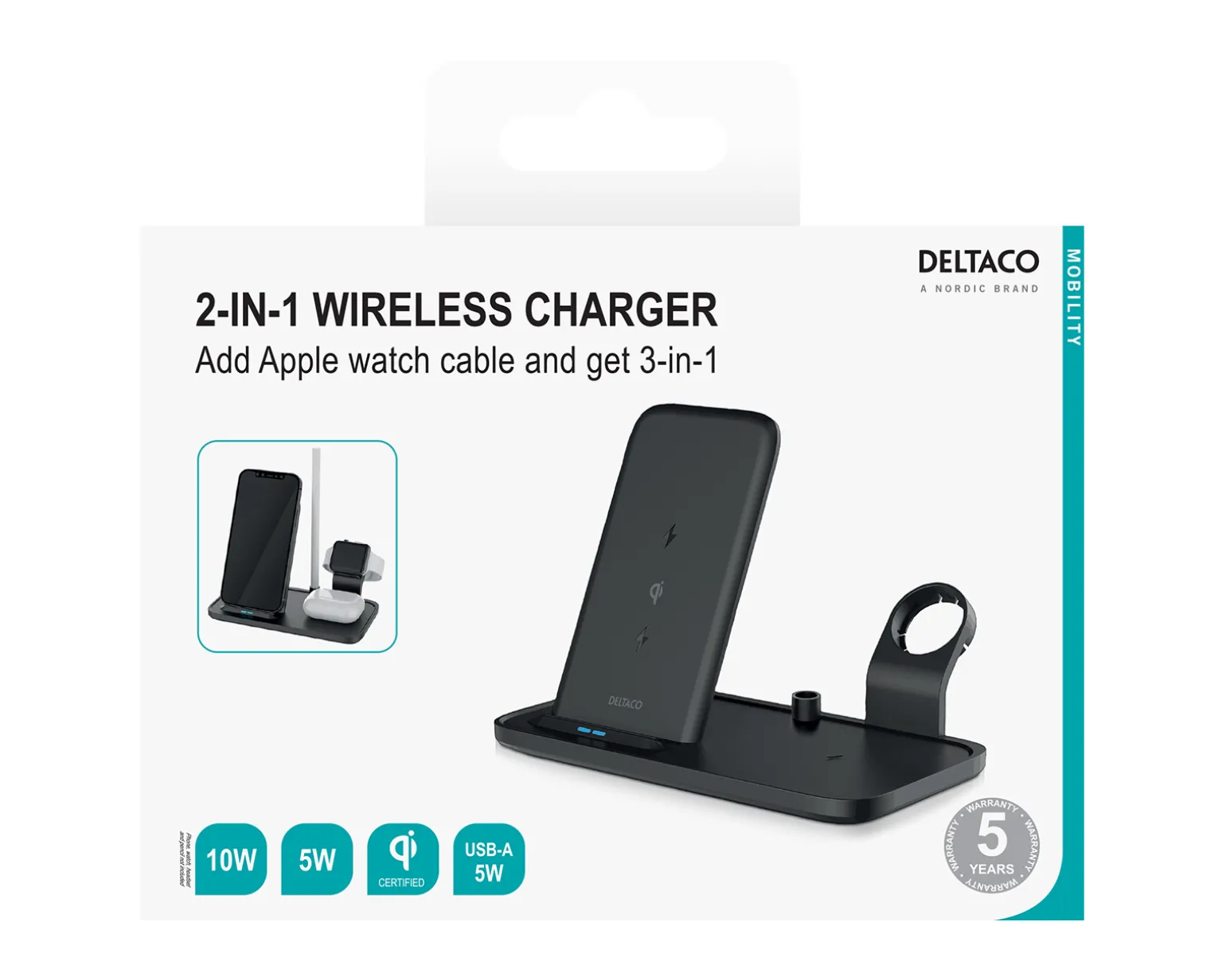 2-in-1 Wireless Charger, 10W, USB-C, Qi - Black